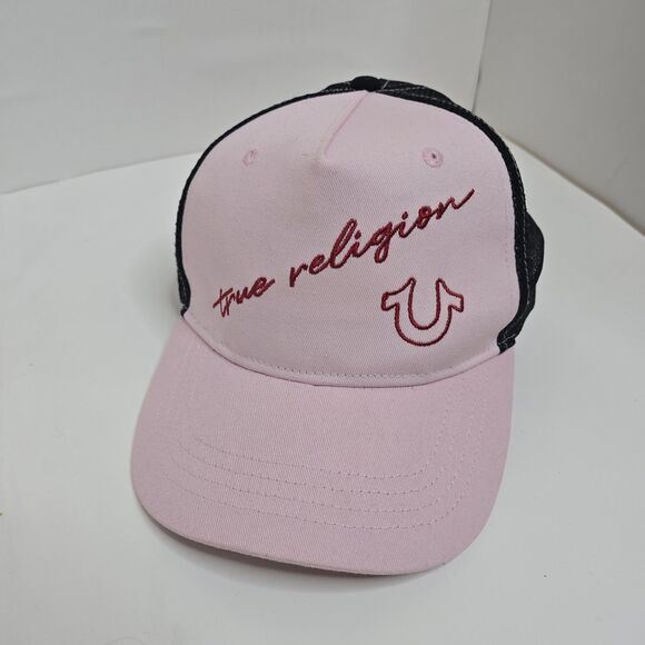 True Religion Pink w/ Black Mesh Adjustable Snapback Trucker Hat Cap One Size - Picture 2 of 12